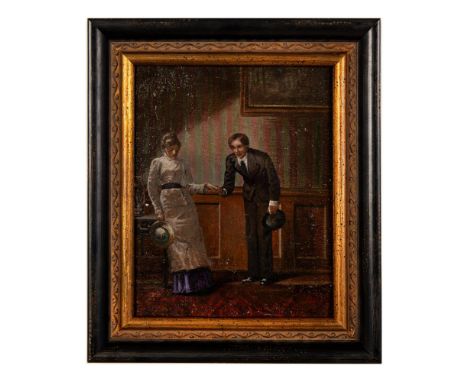 Beautiful interior scene made with oil on board that depicts an intimate scene between a young man professing his love to a s