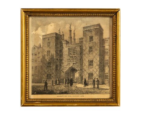 Antique original etching on paper of the historic Lincoln's Inn Gate on Chancery Lane in London originally published in Old a