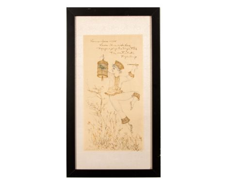 Beautiful original lithograph on ecru material enhanced with gold leaf dust by American artist Edna Hibel. It depicts bird ca