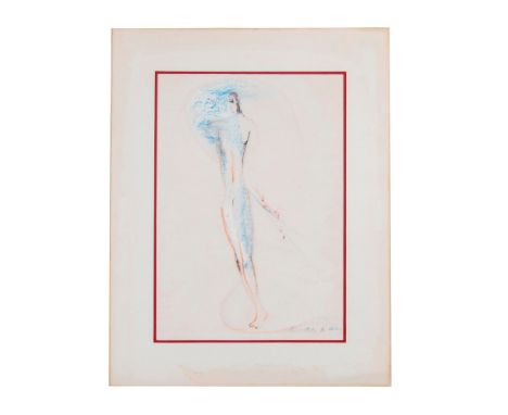 Original mixed media color drawing on paper made with wax crayons, gouache and graphite of an abstracted nude figure painted 