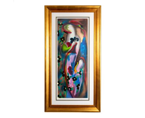French artist Linda Le Kinff's L'Orchidee Noire is a color serigraph on wove paper that depicts a woman holding a black orchi
