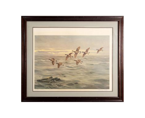 Lithograph on paper depicting seven geese flying over a gray ocean during twilight. Signed by the artist in pencil on the low
