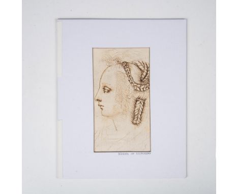Original brown ink drawing on light brown paper in the style of Leonardo de Vinci that depicts the profile of a female sitter