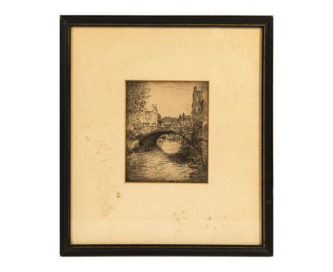 Original etching on paper of an old stone bridge crossing a river in a European town. Written on verso: Alice Rummell 1950. D