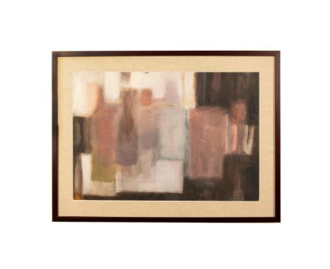 Serene original pastel on paper colored with whites, mauves, light pink, blue-greys, kaki and light black applied in wide fie