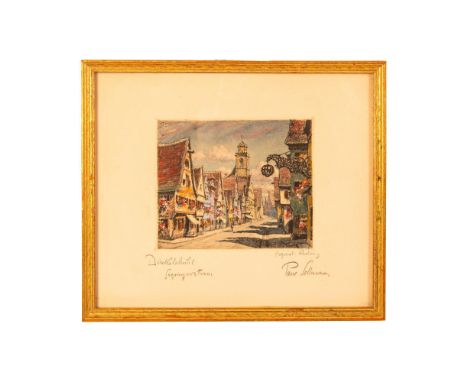 Original hand colored etching by architectural and landscape artist Paul Sollmann who represented a German street scene on a 