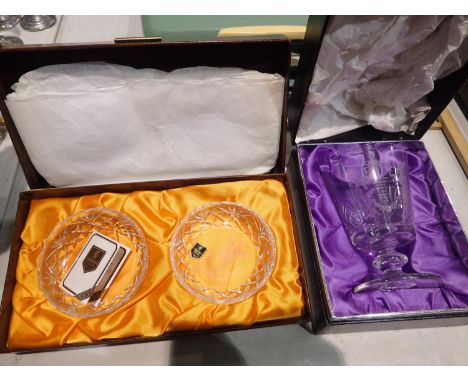 Boxed Edinburgh Crystal glass to commemorate the marriage of The Prince of Wales and Lady Diana, plus two boxed dishes. P&amp