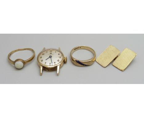 Two 9ct gold rings, a 9ct gold cased Tissot wristwatch head and a single 9ct gold cufflink, total weight 10.9g, (without watc
