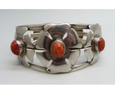 A silver and coral bangle, signed Suarti, 44g