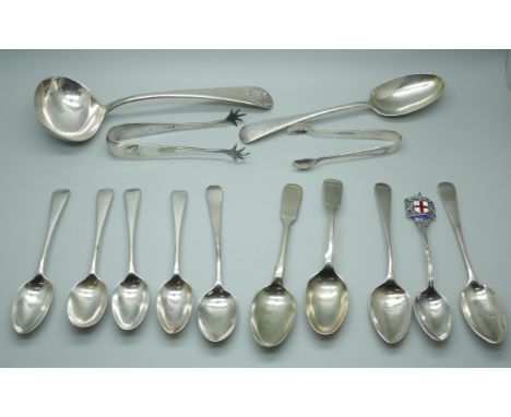 A collection of silver spoons, 178g, a plated ladle and three other plated items