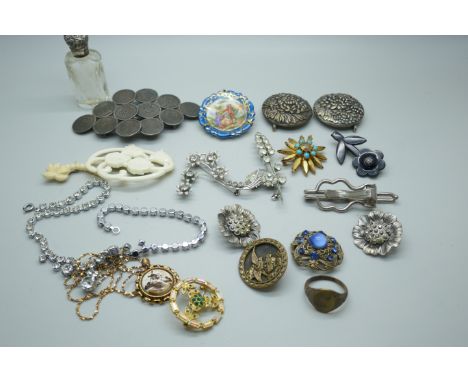 Vintage jewellery, buckles and a silver topped scent bottle