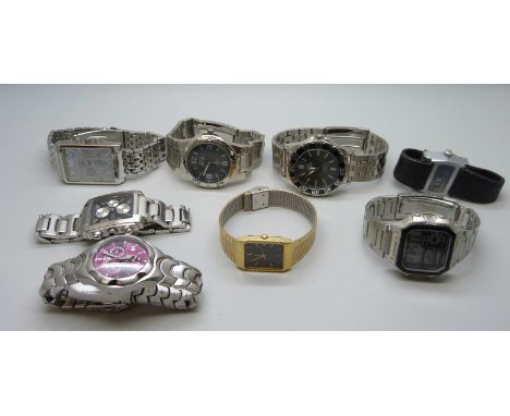 A collection of wristwatches including Casio, Amadeus and Slazenger