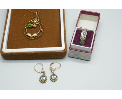 An Edwardian rolled gold pendant and chain, vintage rolled gold earrings and a 9ct gold and silver eternity ring