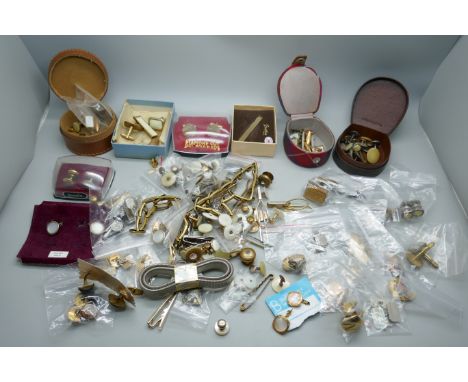 Cufflinks, tie bars, studs, mainly vintage