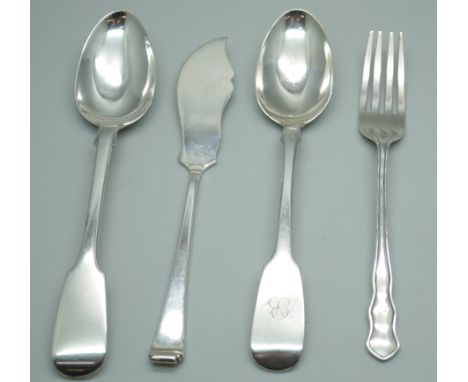 Two Victorian silver spoons, a silver fork and a silver spreader, 83g