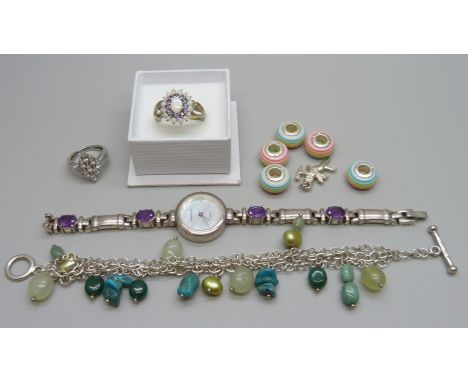 Silver jewellery - a silver gilt opal and amethyst ring, silver beads, a watch set with amethysts, bracelet, etc.