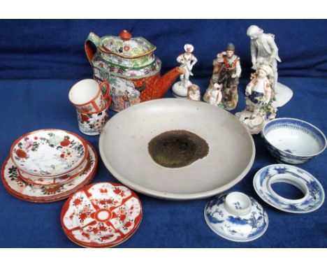 Collectables, Studio pottery speckled grey dish (approx. size 27.5 x 6 cm) (vg), qty of Oriental ceramics (blue and white tea