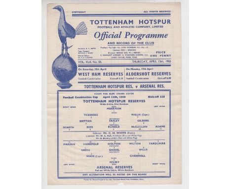 Football programme, Tottenham Hotspur Res v Arsenal Res 1949-50, Football Combination Cup, single sheet issue played 13th Apr