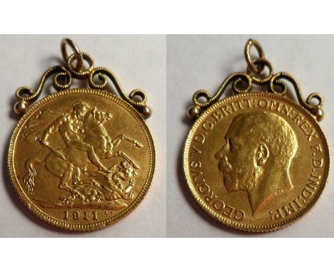 Coin, Gold Sovereign 1911 with attached ornate hanging scroll and ring, approx. weight 9g but scroll not hallmarked (gd)