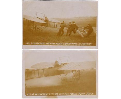 Tony Warr Collection, Postcards, 'The first aerial postman at Hendon', two RP cards showing G W Hamel leaving Hendon with the