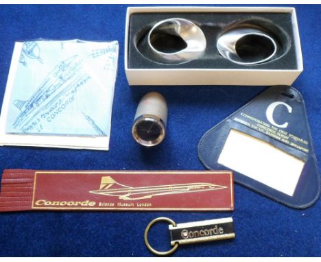 Aviation, Concorde, selection of souvenirs, small clock, boxed napkin rings, leather bookmark, printed French handkerchief, l
