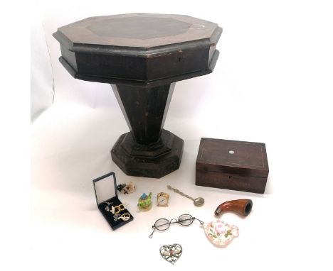 Antique trumpet workbox  table a/f-t/w rosewood &amp; mother of pearl decorated jewellery box, antique spectacles, pipe bowl 