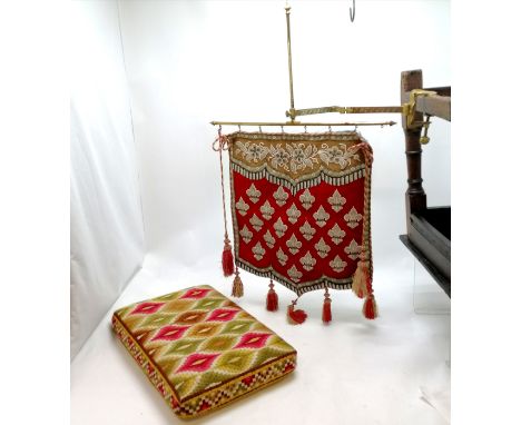 Antique mantle mounted beadwork face / firescreen (silk on reverse is a/f) t/w rectangular tapestry seat cushion 32cm x 49cm 