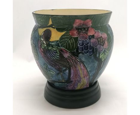 R Dean tube-lined Art Nouveau jardiniere on associated glass base - 20cm diameter &amp; total height 23.5cm ~ inside is craze