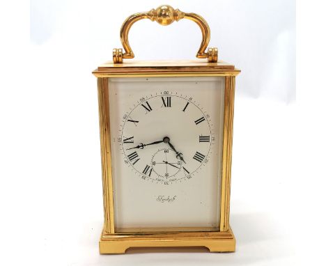 Imhof gilded brass carriage clock with second hand sub-dial &amp; chase decoration to movement - case 12cm high ~ runs then s