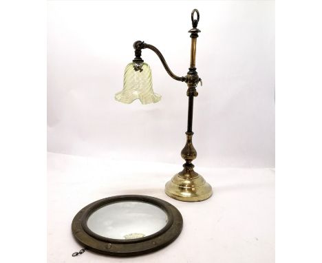 Antique brass rise and fall lamp base with adjustable angled shade with a vaseline swirled glass shade, in good condition but
