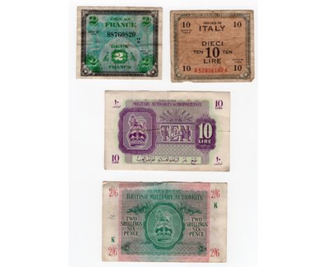 4 x WWII Army banknotes - Tripolitania 10 lire, BMA 2/6, France 2 francs &amp; Italy 10 lire 