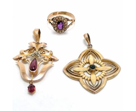 Antique 9ct marked gold Art Nouveau pendant set with stones (4.5cm drop &amp; has old solder to the bale), 9ct hallmarked gol