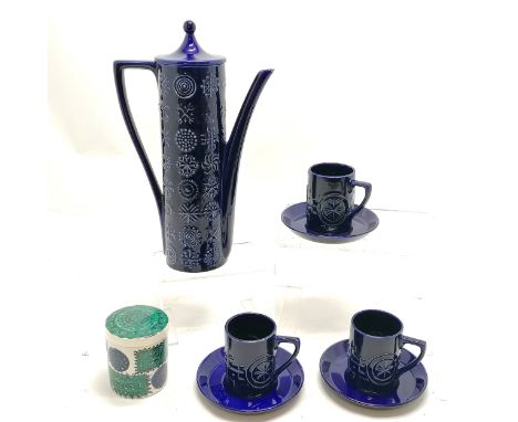 Part Portmeirion blue coffee set, chip to 1 cup and a storage jar, chip to rim 