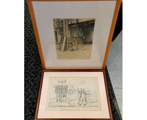 1783 framed satirical print by Hannah Humphreys of Sir Cecil Wray (49cm x 38cm) t/w framed French pencil drawing &amp; framed