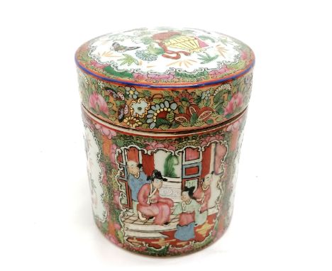Chinese famille rose decorated cylinder pot with cover and red seal mark to base - 15cm high &amp; 13cm diameter with no obvi