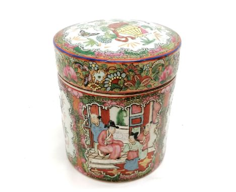 Chinese famille rose decorated cylinder pot with cover and red seal mark to base - 15cm high &amp; 13cm diameter with no obvi