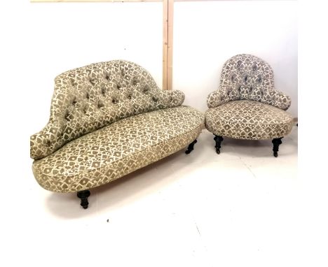 Antique 2 seater low button back chaperone / conversation sofa and chair that can fit together on either side of the sofa. ha