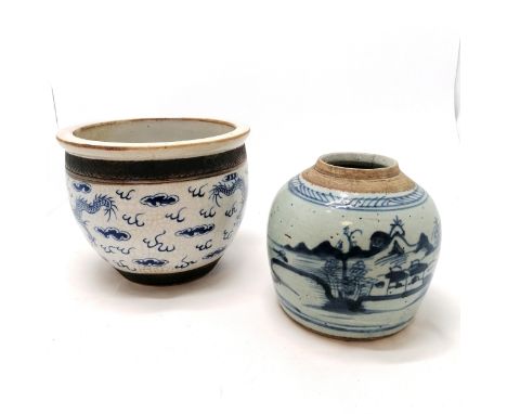 Antique Chinese blue &amp; white ginger jar - 15cm high &amp; has hairline crack to top t/w Chinese dragon decorated jardinie
