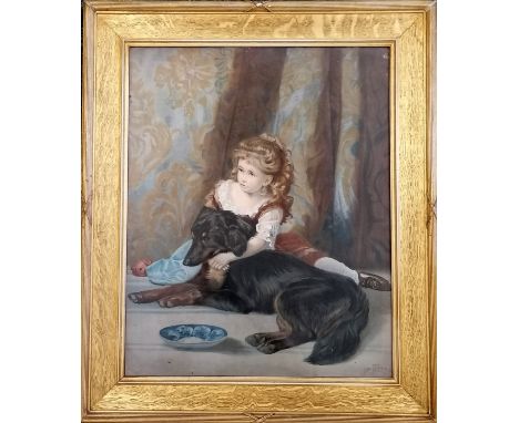 Framed print of 1874 painting of girl with her dog by James Archer - 59.5cm x 71cm 