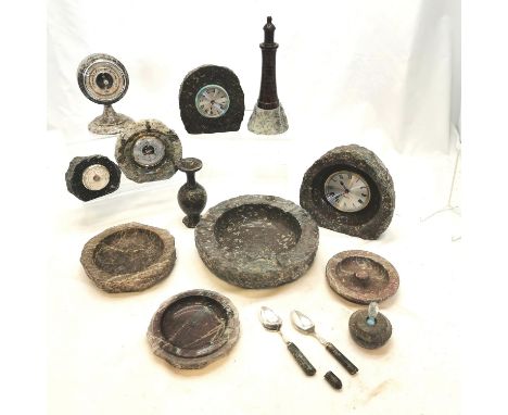 Qty of Cornish serpentine inc lighthouse (24cm), 3 clocks, 2 barometers, large ashtray, eggtimer etc - vase &amp; both spoons