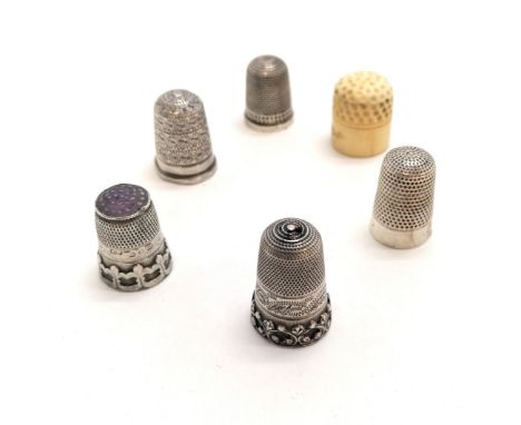 Antique 5 x silver thimbles (inc Charles Horner, 2 with decorative skirts &amp; 1 set with amethyst to top (has small dent) &