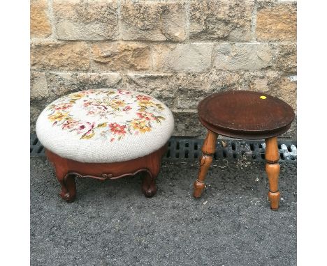 2 round footstools 1 with tapestry top 36cm diameter. 