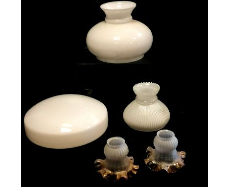 Opaque white glass electric ceiling plafonnier shade (30cm diameter) t/w pair of lamp shades &amp; 2 x oil lamp shades (large