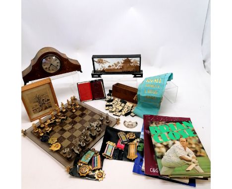 Chess set with gilt metal / glass base (2 pieces a/f), RAOB sash + medals, oriental cork display, clock, domino set in box, B