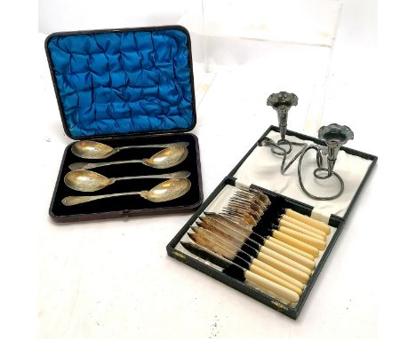 Set of 4 antique gilded serving spoons (22.5cm long &amp; in original case) &amp; cased set of fish knives / forks &amp; silv