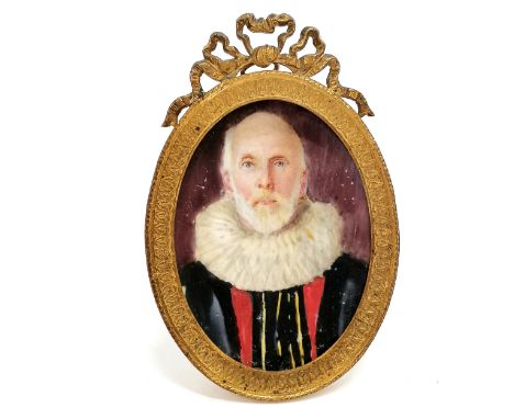 Antique portrait miniature of a gentleman wearing a ruff in a ribbon top frame - 10cm high &amp; portrait is slightly bowed 