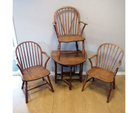 3 x antique stick back windsor country elbow chairs with saddle seats (85cm high - old worm to 1, 1 has splits to arm support