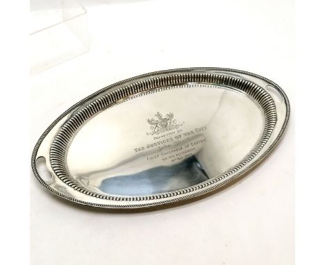 Antique oval silver 2 handled tray by Charles Stuart Harris with retailers marks for Depree Raeburn &amp; Young (Exeter) insc