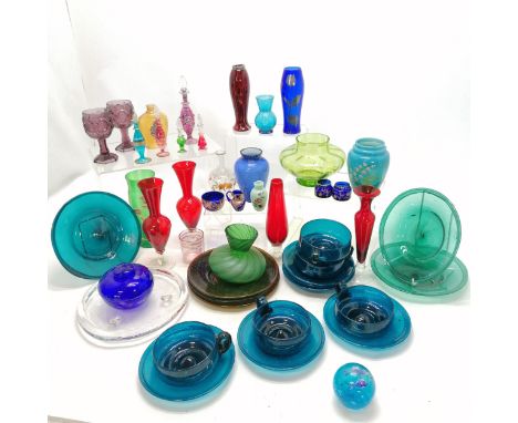 Qty of coloured glass inc Mdina (?) dishes, miniature enamel blue glass jug / basin, Art Nouveau silver overlay, small scent 