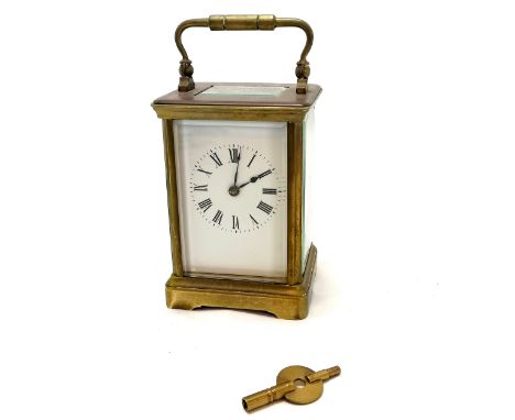 Antique brass carriage clock with gong mechanism - case 12cm high ~ has keys &amp; runs - WE CANNOT GUARANTEE THE TIMEKEEPING